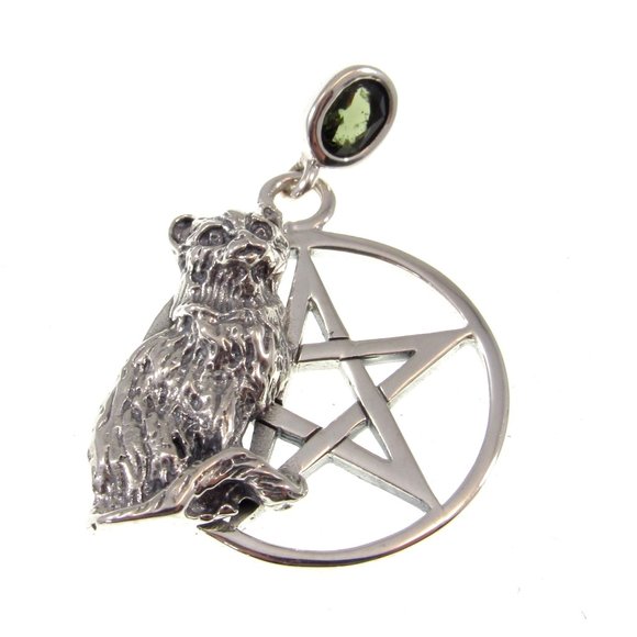 Solid 925 Sterling Silver Cat Familiar Pentacle Pendant w/ Choice of Gemstone - Picture 7 of 9
